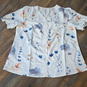 Floral Lace Trim Women's Top - White and Blue